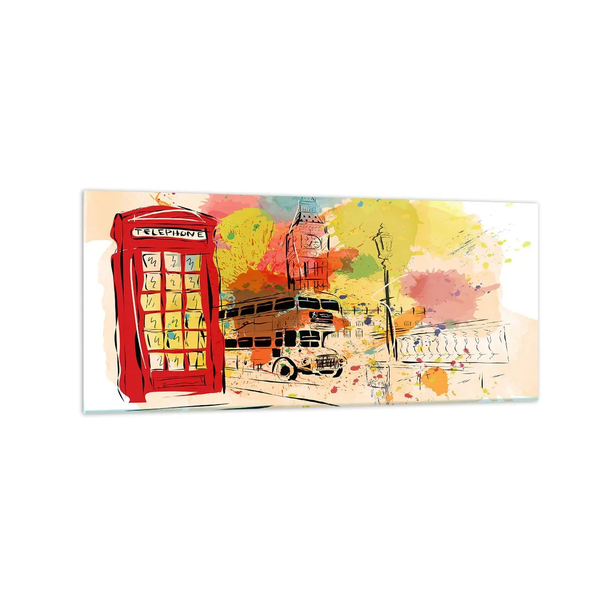 Impression sur verre - Image sur verre - Thème londonien avec bus rouge et stand - 120x50cm - La ville de la variété - Décoration murale moderne pour le salon et la chambre ARTTOR