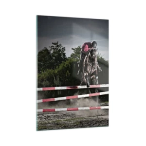 Impression sur verre - Image sur verre - Un cavalier sur un cheval saute par-dessus un obstacle avec la nature en arrière-plan - 50x70cm - Ensemble pour la victoire - Décoration murale moderne pour le salon et la chambre ARTTOR
