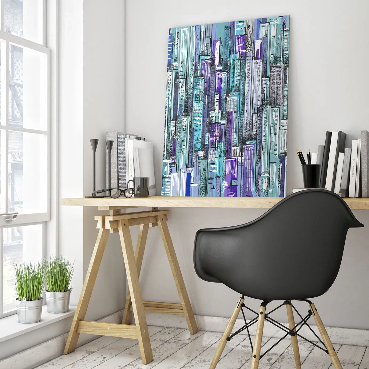 Impression sur verre - Image sur verre - Illustration d'une ville avec des bâtiments géométriques dans des tons de bleu et de violet. - 80x120cm - Bleuâtre avec le ciel - Décoration murale moderne pour le salon et la chambre ARTTOR