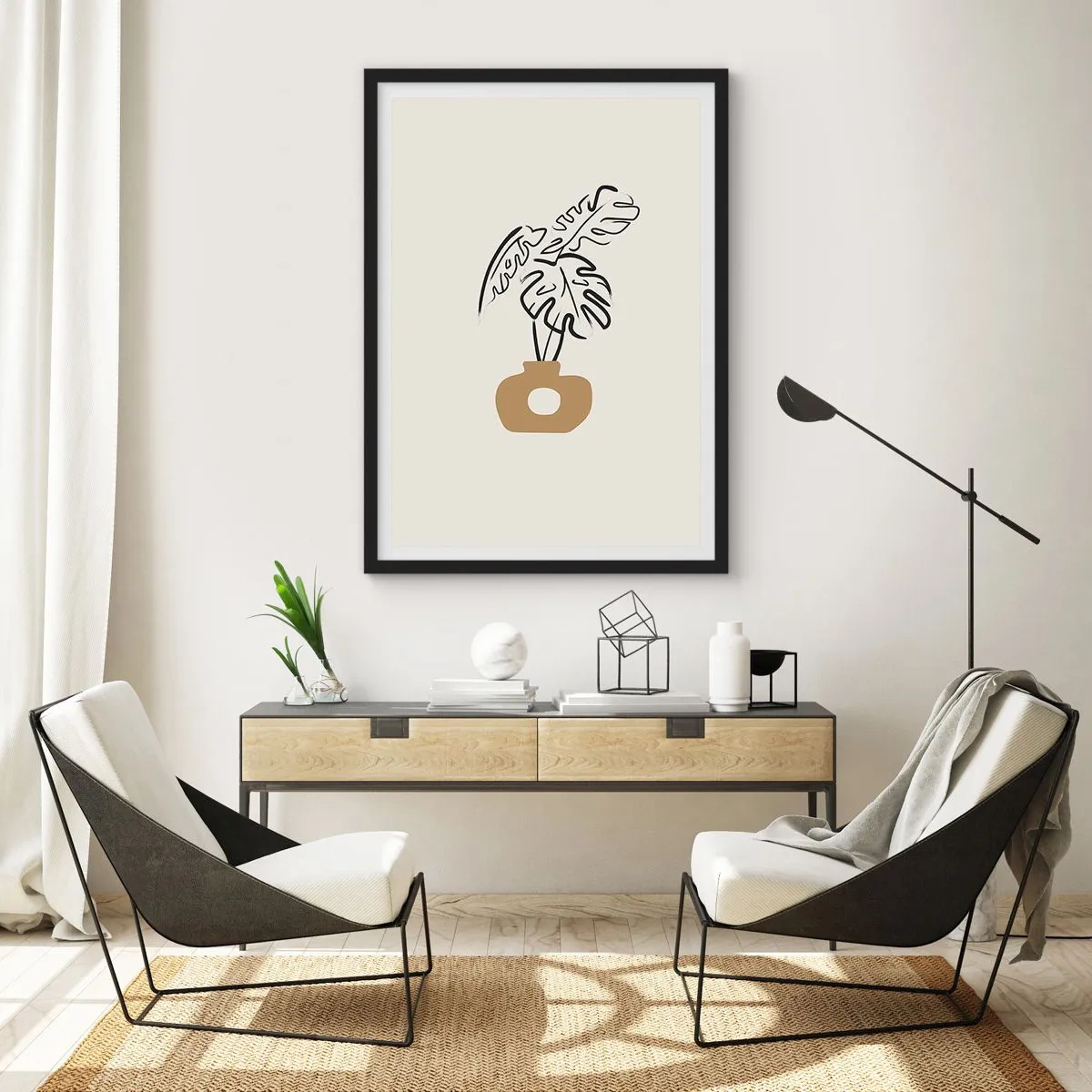 Affiche dans un cadre noir - Poster - Un dessin minimaliste d'un monstera dans un vase - 50x70cm - Monstera – décoration de la maison - Décoration murale moderne pour le salon et la chambre ARTTOR