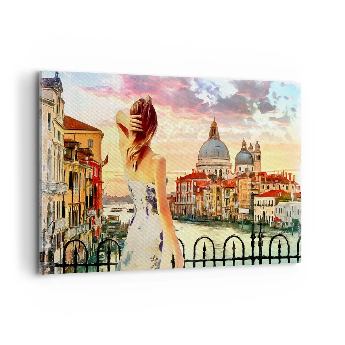Impression sur toile - Image sur toile - Une femme admirant le paysage pittoresque au bord du canal - 120x80cm - Pour une aventure c'est uniquement dans ... - Décoration murale moderne pour le salon et la chambre ARTTOR