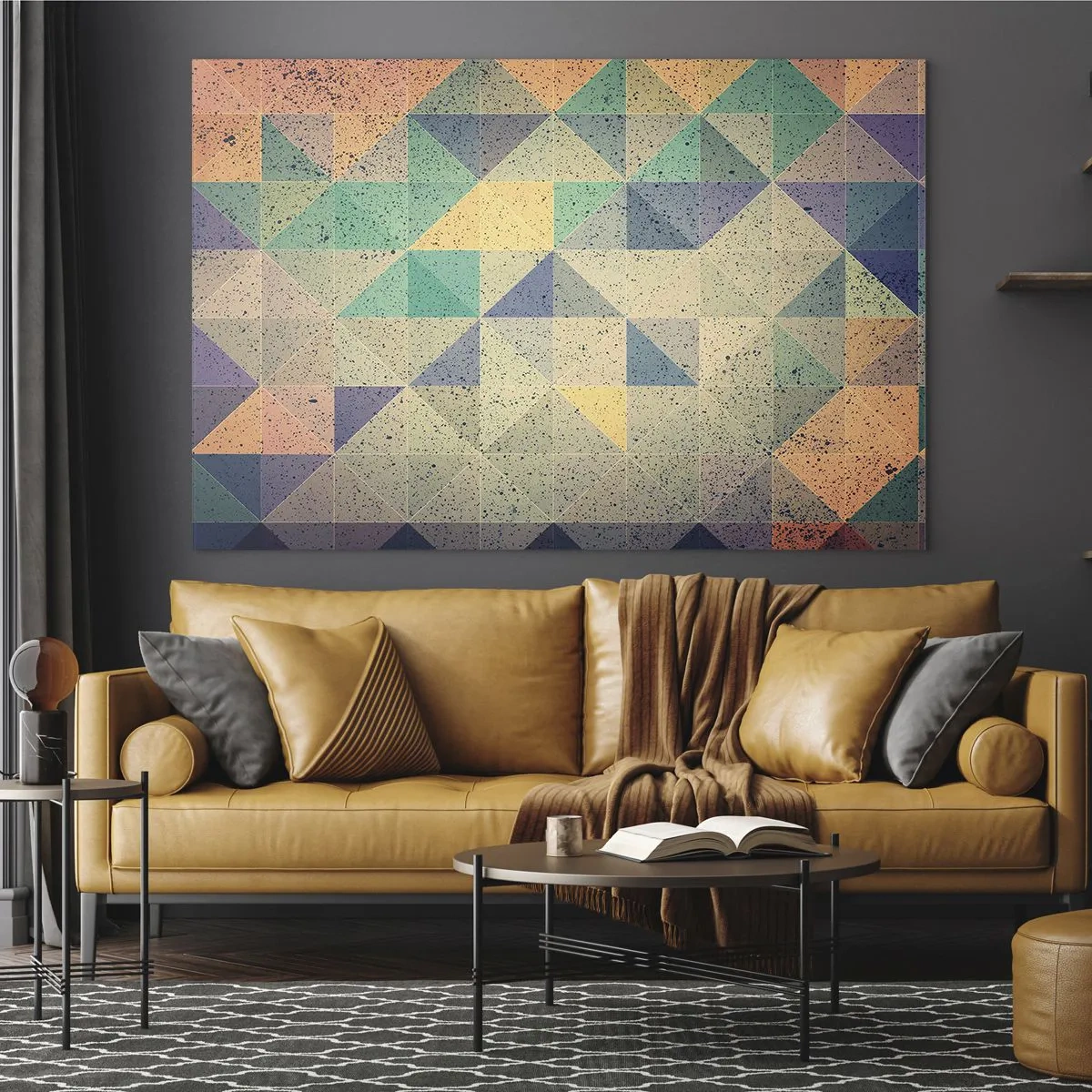 Impression sur verre - Image sur verre - Mosaïque colorée avec des triangles géométriques dans un style rétro - 120x80cm - République des triangles - Décoration murale moderne pour le salon et la chambre ARTTOR