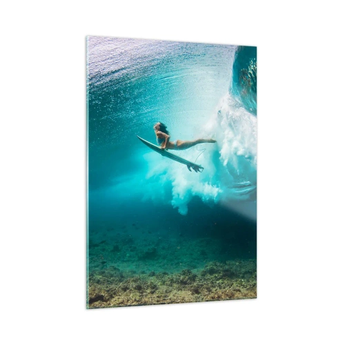 Impression sur verre - Image sur verre - Surfeur sous l'eau parmi les vagues avec une planche de surf - 50x70cm - Monde sous marin - Décoration murale moderne pour le salon et la chambre ARTTOR