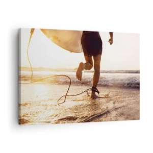 Impression sur toile - Image sur toile - Un surfeur court le long de la plage avec sa planche au soleil. - 70x50cm - A la rencontre des vagues - Décoration murale moderne pour le salon et la chambre ARTTOR