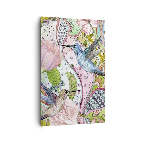 Impression sur toile - Image sur toile - Colibris et papillons colorés parmi les plantes - 80x120cm - Empêtré dans les vignes - Décoration murale moderne pour le salon et la chambre ARTTOR