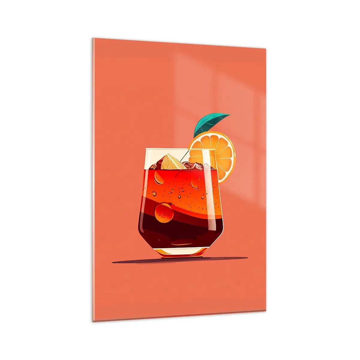 Impression sur verre - Image sur verre - Un verre de boisson et une tranche d'orange sur un fond orange - 80x120cm - Rafraîchissement d'été - Décoration murale moderne pour le salon et la chambre ARTTOR
