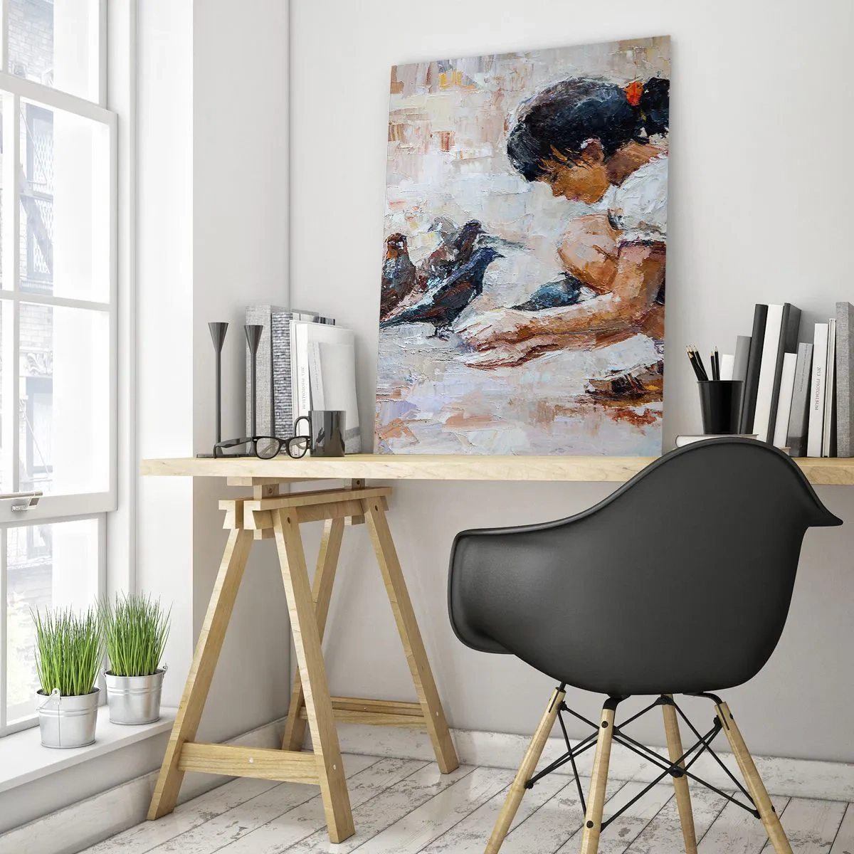 Impression sur verre - Image sur verre - Une fille nourrissant des oiseaux sur un fond impressionniste - 50x70cm - Les plus petits et les plus gentils - Décoration murale moderne pour le salon et la chambre ARTTOR