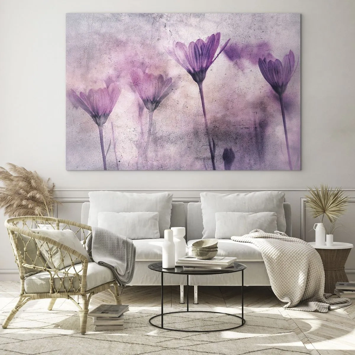 Impression sur verre - Image sur verre - Fleurs délicates aux tons pastel violets - 70x50cm - Rêve de fleurs - Décoration murale moderne pour le salon et la chambre ARTTOR