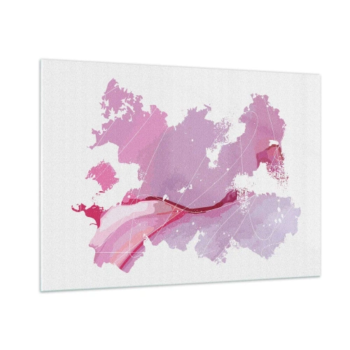 Impression sur verre - Image sur verre - Carte abstraite dans les tons de rose et de violet sur fond blanc - 100x70cm - Carte du monde rose - Décoration murale moderne pour le salon et la chambre ARTTOR