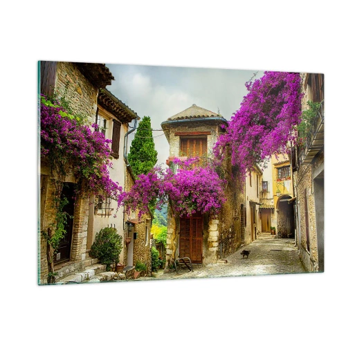 Impression sur verre - Image sur verre - Une rue charmante avec des vignes roses en fleurs et des maisons de rapport - 120x80cm - Sous un dais fleuri - Décoration murale moderne pour le salon et la chambre ARTTOR