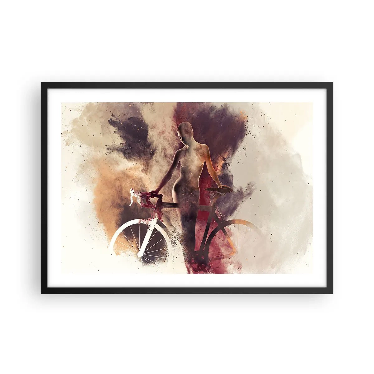 Affiche dans un cadre noir - Poster - Silhouette abstraite avec un vélo dans un style artistique - 70x50cm - Une âme de vélo aux formes marbrées - Décoration murale moderne pour le salon et la chambre ARTTOR