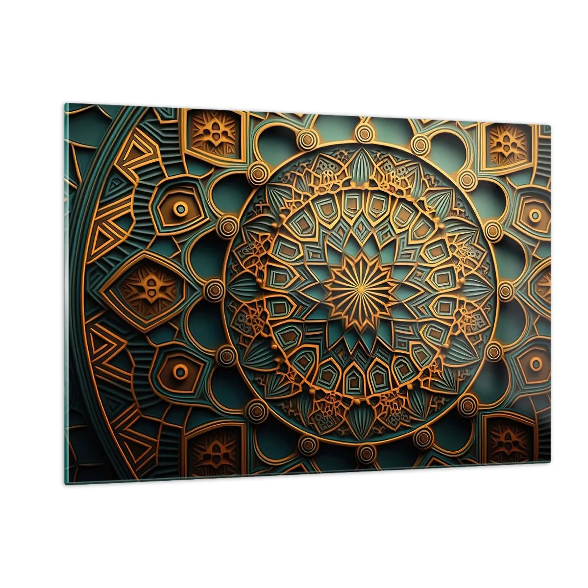 Impression sur verre - Image sur verre - Ornement en or et turquoise dans le style d'une mosaïque arabe - 120x80cm - Dans une ambiance arabe - Décoration murale moderne pour le salon et la chambre ARTTOR