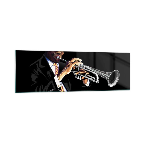 Impression sur verre - Image sur verre - Un musicien jouant de la trompette sur un fond noir - 160x50cm - Le charme de la vieille école - Décoration murale moderne pour le salon et la chambre ARTTOR