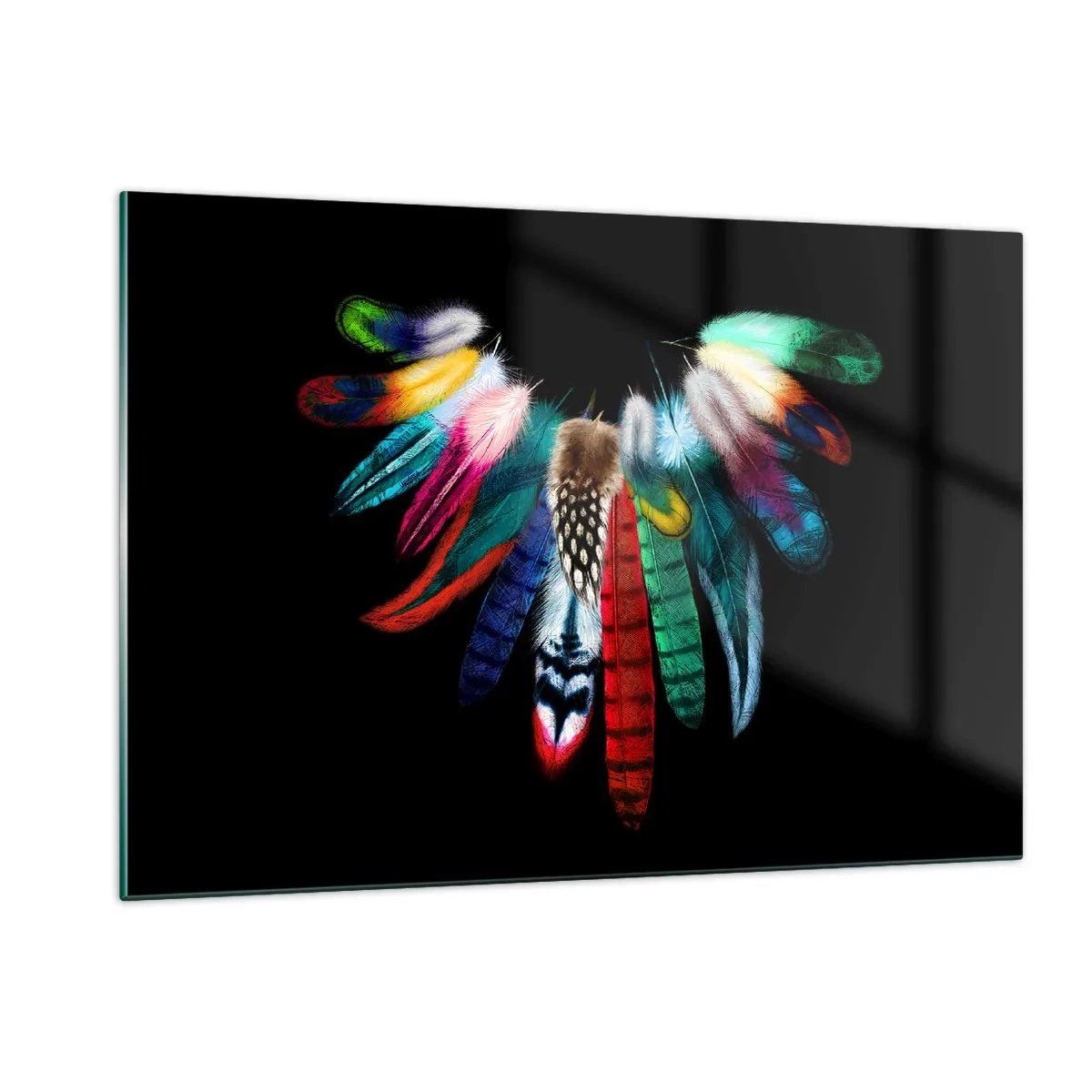 Impression sur verre - Image sur verre - Plumes colorées disposées en ailes sur fond noir - 120x80cm - Collier indien - Décoration murale moderne pour le salon et la chambre ARTTOR