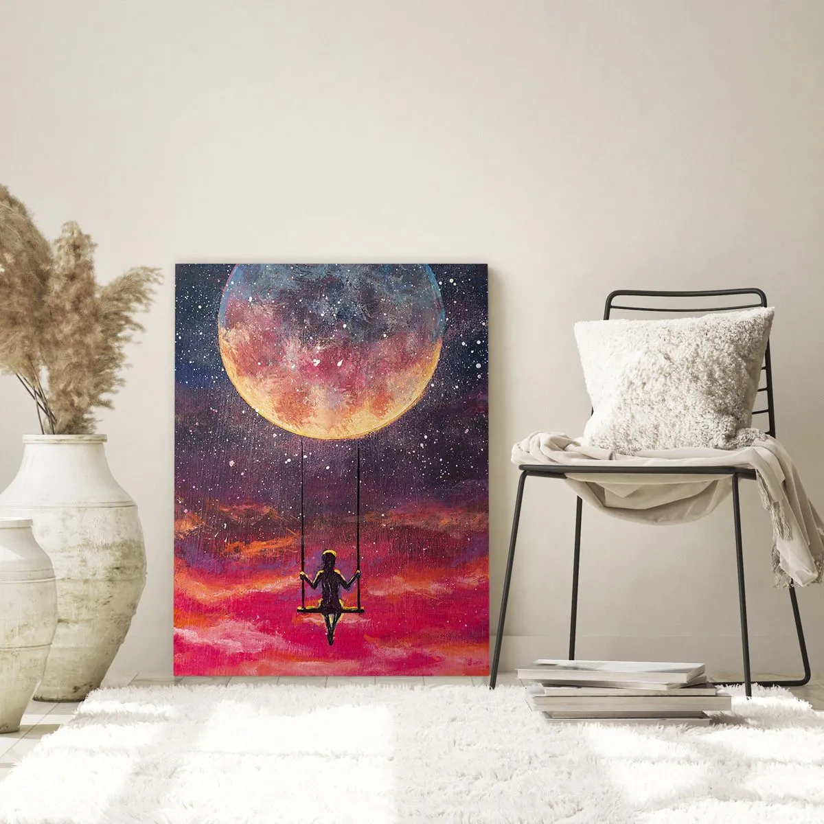 Impression sur verre - Image sur verre - Une silhouette sur une balançoire suspendue contre la lune - 80x120cm - Se balancer dans les nuages - Décoration murale moderne pour le salon et la chambre ARTTOR