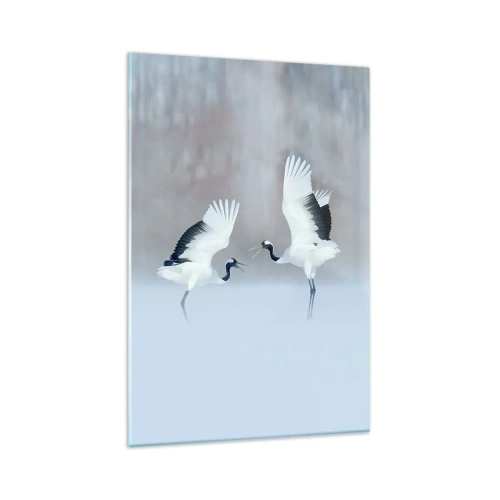 Impression sur verre - Image sur verre - Deux grues dansant dans un paysage brumeux - 80x120cm - Danse dans le brouillard - Décoration murale moderne pour le salon et la chambre ARTTOR