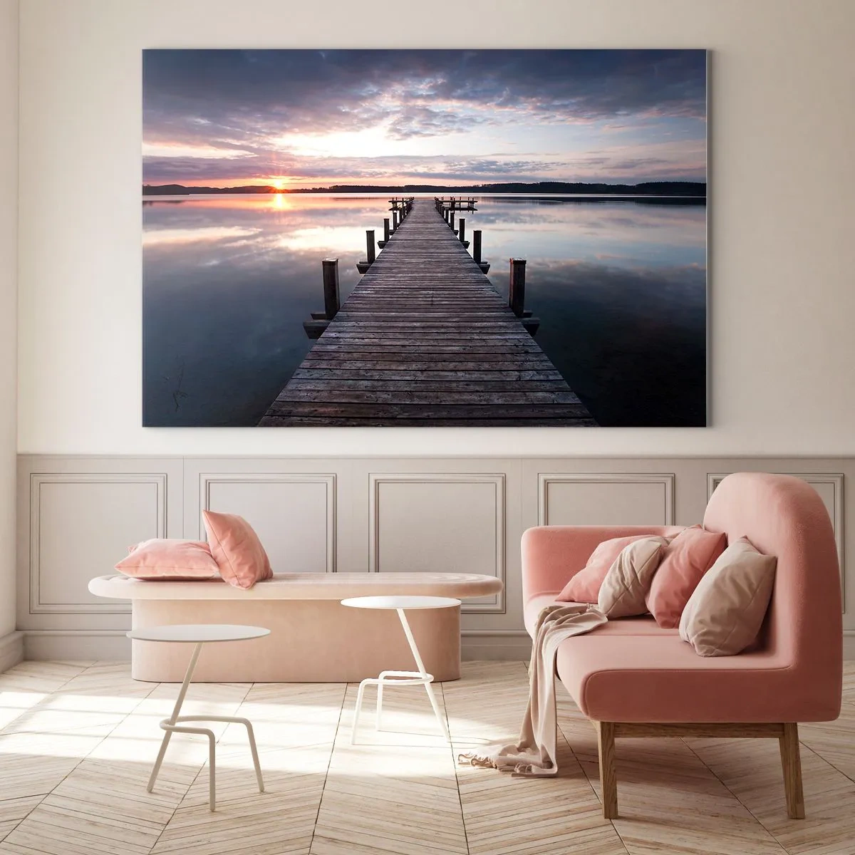Impression sur verre - Image sur verre - Jetée en bois sur le lac au coucher du soleil - 70x50cm - Une frontière tranquille entre le jour et la nuit - Décoration murale moderne pour le salon et la chambre ARTTOR