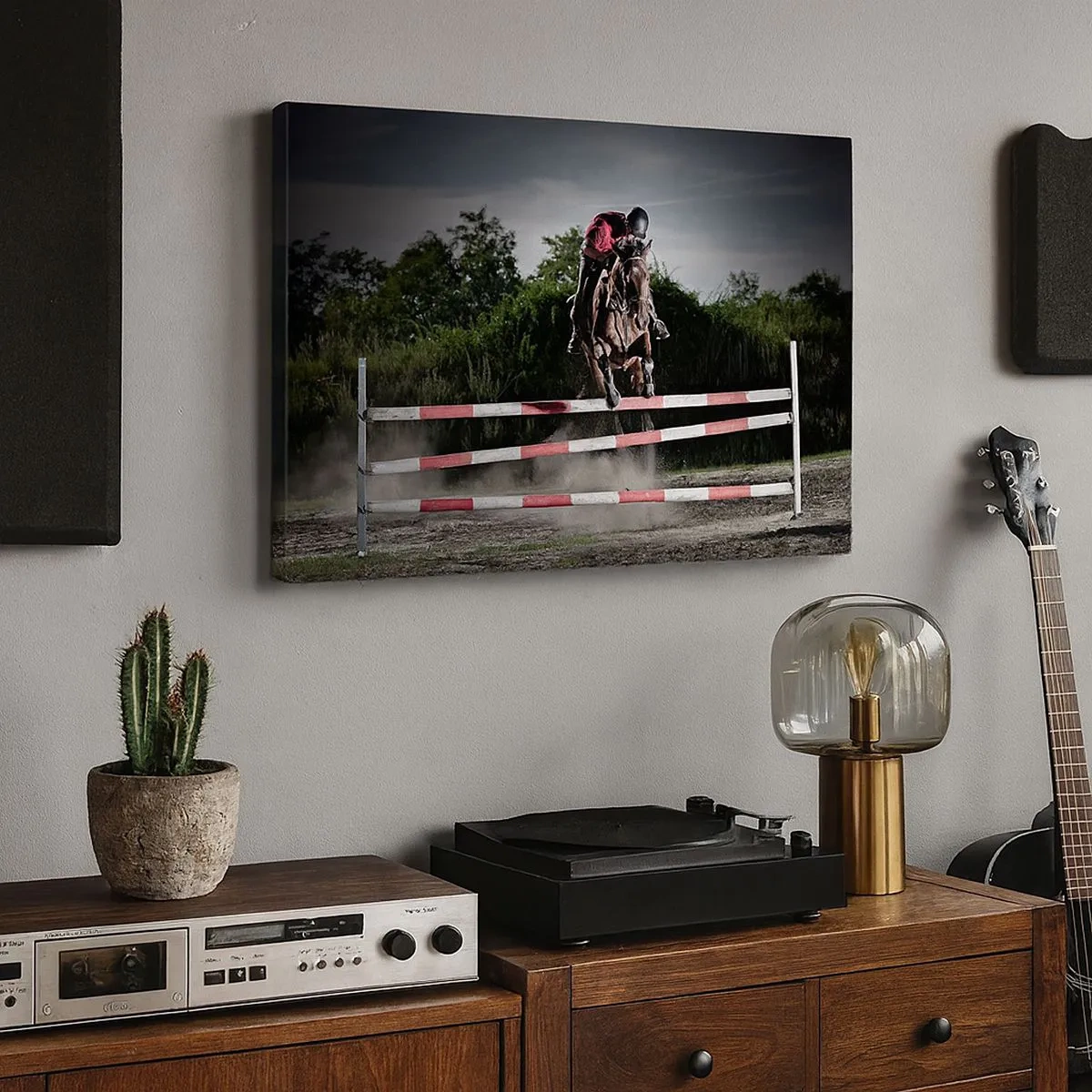 Impression sur toile - Image sur toile - Un cavalier sur un cheval sautant par-dessus un obstacle sur une piste de course - 70x50cm - Ensemble pour la victoire - Décoration murale moderne pour le salon et la chambre ARTTOR