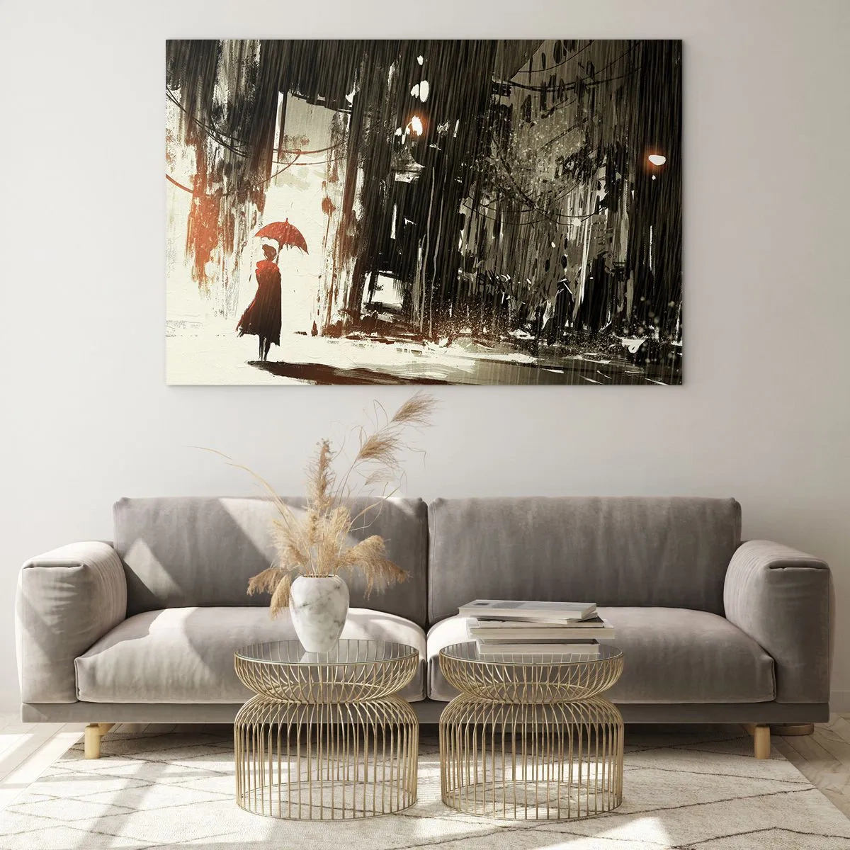 Impression sur verre - Image sur verre - Une personne avec un parapluie rouge sous la pluie sur fond de ville sombre. - 70x50cm - La poésie du parapluie rouge - Décoration murale moderne pour le salon et la chambre ARTTOR