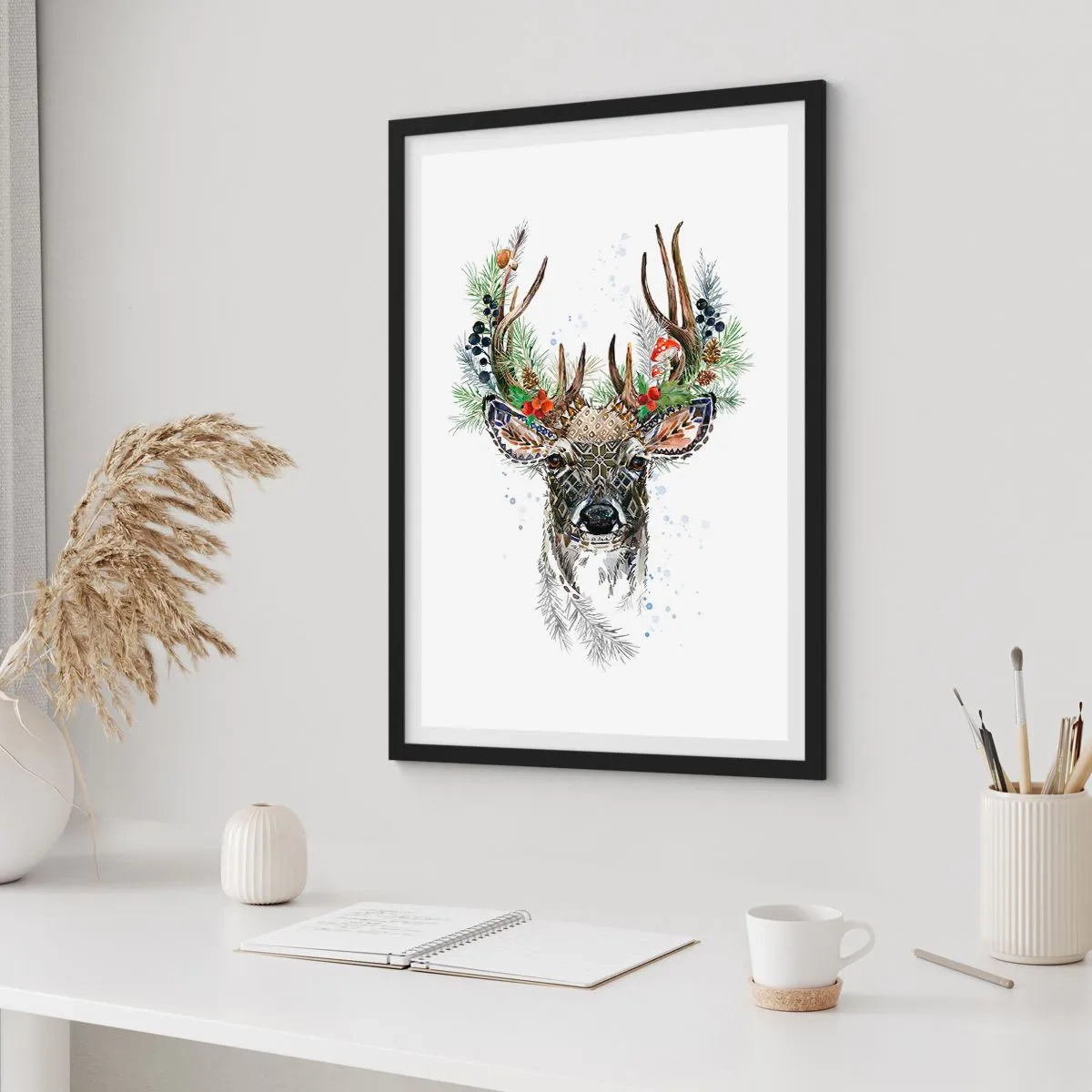 Affiche dans un cadre noir - Poster - Cerf décoratif avec ornements et accents floraux - 50x70cm - En robe de fête - Décoration murale moderne pour le salon et la chambre ARTTOR