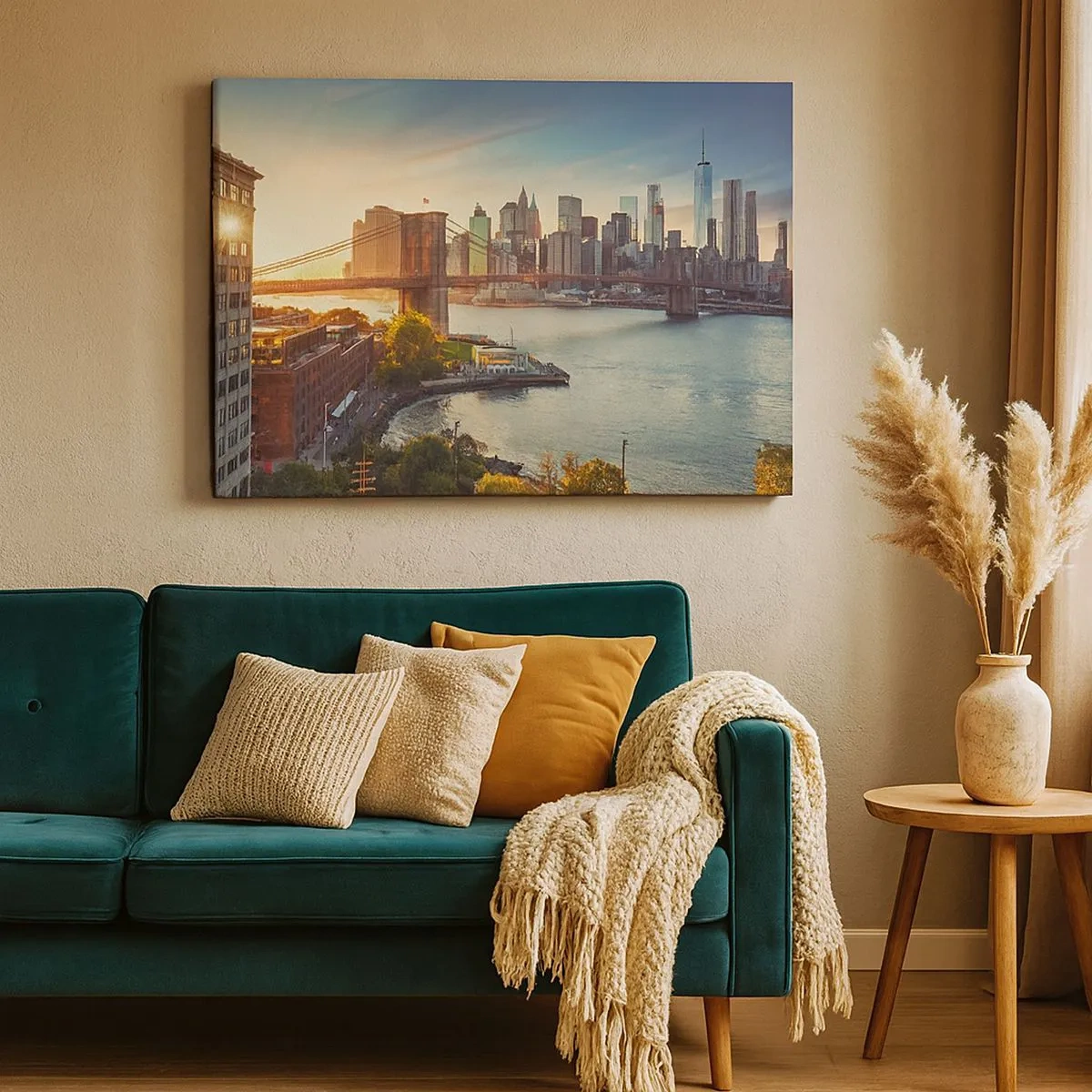 Impression sur toile - Image sur toile - Panorama de la ville avec le pont au coucher du soleil - 70x50cm - L'aube de la grande ville - Décoration murale moderne pour le salon et la chambre ARTTOR