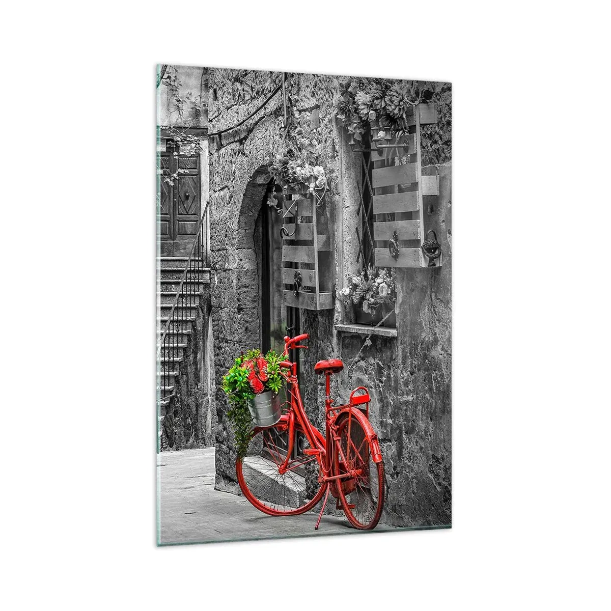 Impression sur verre - Image sur verre - Un vélo rouge dans une rue en noir et blanc - 80x120cm - Ruelle toscane - Décoration murale moderne pour le salon et la chambre ARTTOR