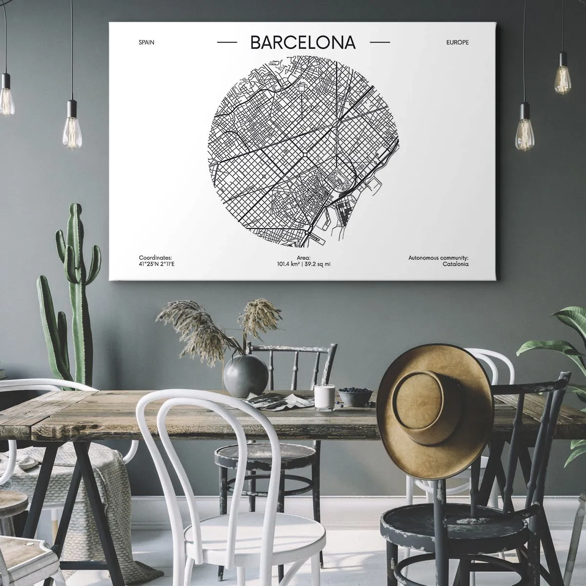 Impression sur toile - Image sur toile - Une carte de Barcelone dans un style minimaliste en noir et blanc - 120x80cm - Anatomie de Barcelone - Décoration murale moderne pour le salon et la chambre ARTTOR
