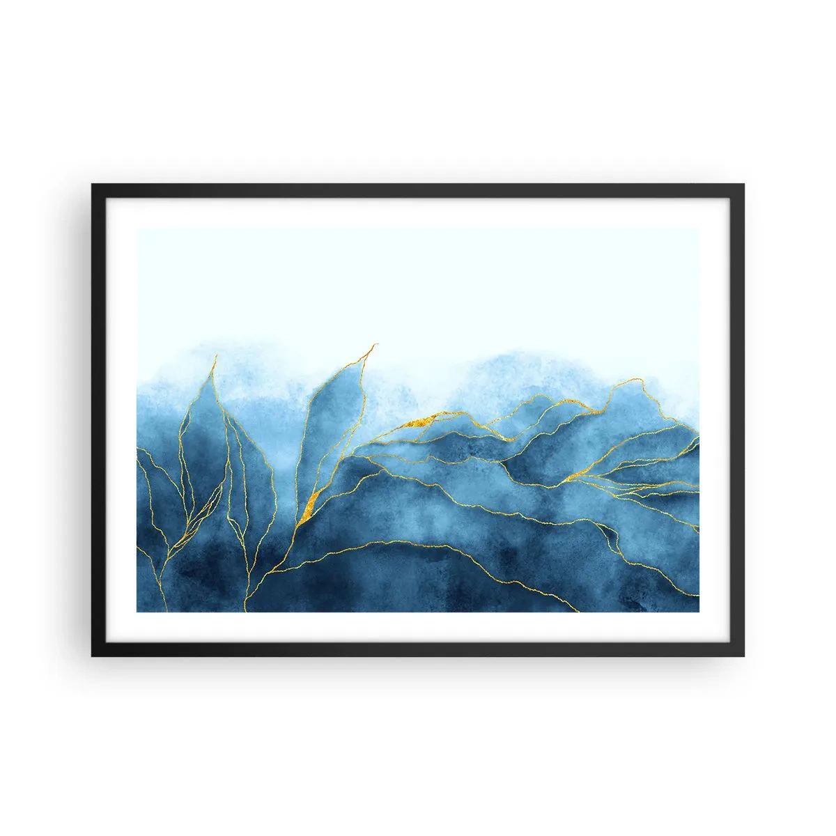 Affiche dans un cadre noir - Poster - Vagues abstraites dans des tons de bleu avec des accents dorés - 70x50cm - Bleu doré - Décoration murale moderne pour le salon et la chambre ARTTOR