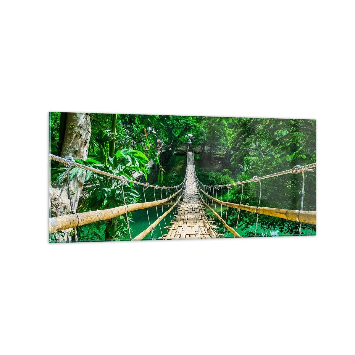 Impression sur verre - Image sur verre - Un pont suspendu en bambou entouré de verdure - 120x50cm - Pont de singe en pleine nature - Décoration murale moderne pour le salon et la chambre ARTTOR