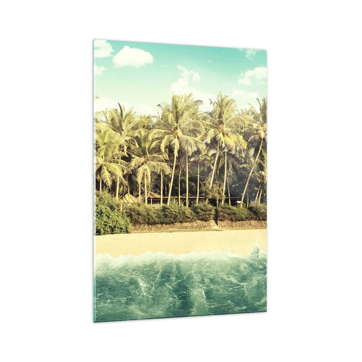 Impression sur verre - Image sur verre - Plage tropicale avec palmiers et mer turquoise - 70x100cm - Peut-être ici? - Décoration murale moderne pour le salon et la chambre ARTTOR