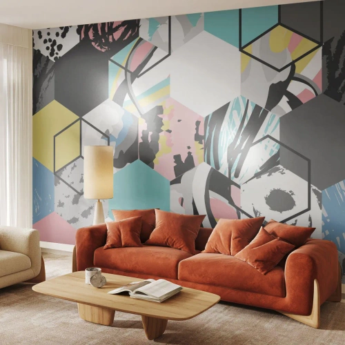 Papier Peint Photo Standard Eco - Hexagones et cubes en six couleurs - Abstraction, Morceau, Modèle moderne - 450x315 cm
