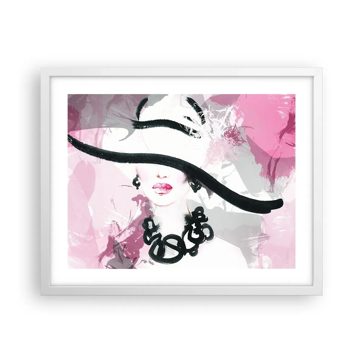 Affiche dans un cadre blanc - Poster - Portrait d'une dame en noir et rose - 50x40 cm