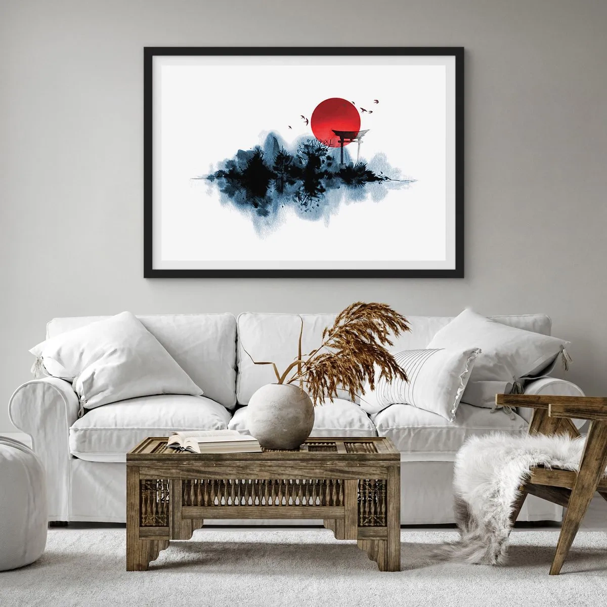 Affiche dans un cadre noir - Poster - Soleil rouge sur un paysage pittoresque avec torii - 70x50cm - Vue japonnaise - Décoration murale moderne pour le salon et la chambre ARTTOR