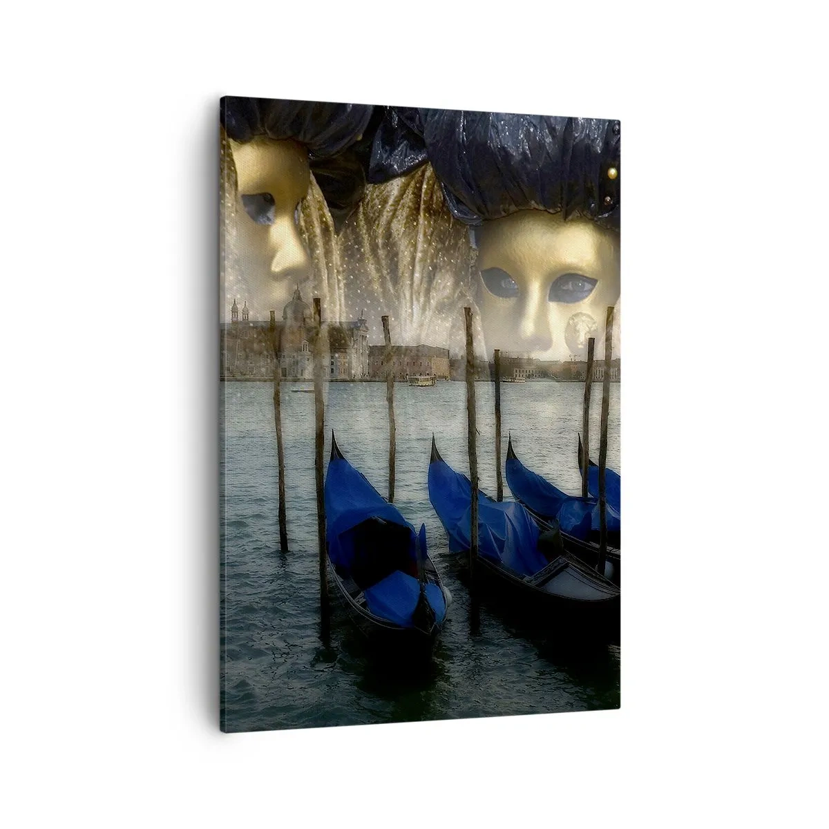 Impression sur toile - Image sur toile - Masques de carnaval vénitien et gondoles sur fond de ville et d'eau - 50x70cm - Il est temps de commencer le carnaval - Décoration murale moderne pour le salon et la chambre ARTTOR