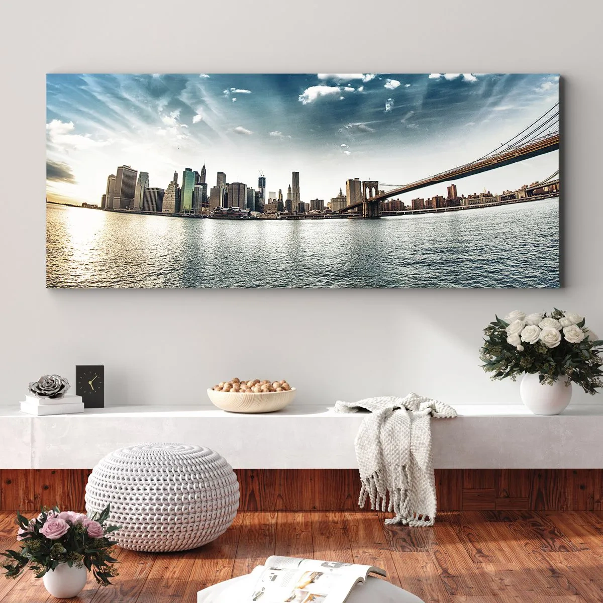 Impression sur toile - Image sur toile - Panorama de la ville avec un pont contre le ciel bleu - 140x50cm - L'île de verre - Décoration murale moderne pour le salon et la chambre ARTTOR