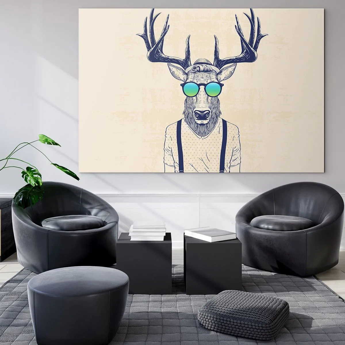 Impression sur verre - Image sur verre - Un cerf élégant portant des lunettes de soleil sur un fond clair - 70x50cm - A qui vous attendiez-vous ? - Décoration murale moderne pour le salon et la chambre ARTTOR