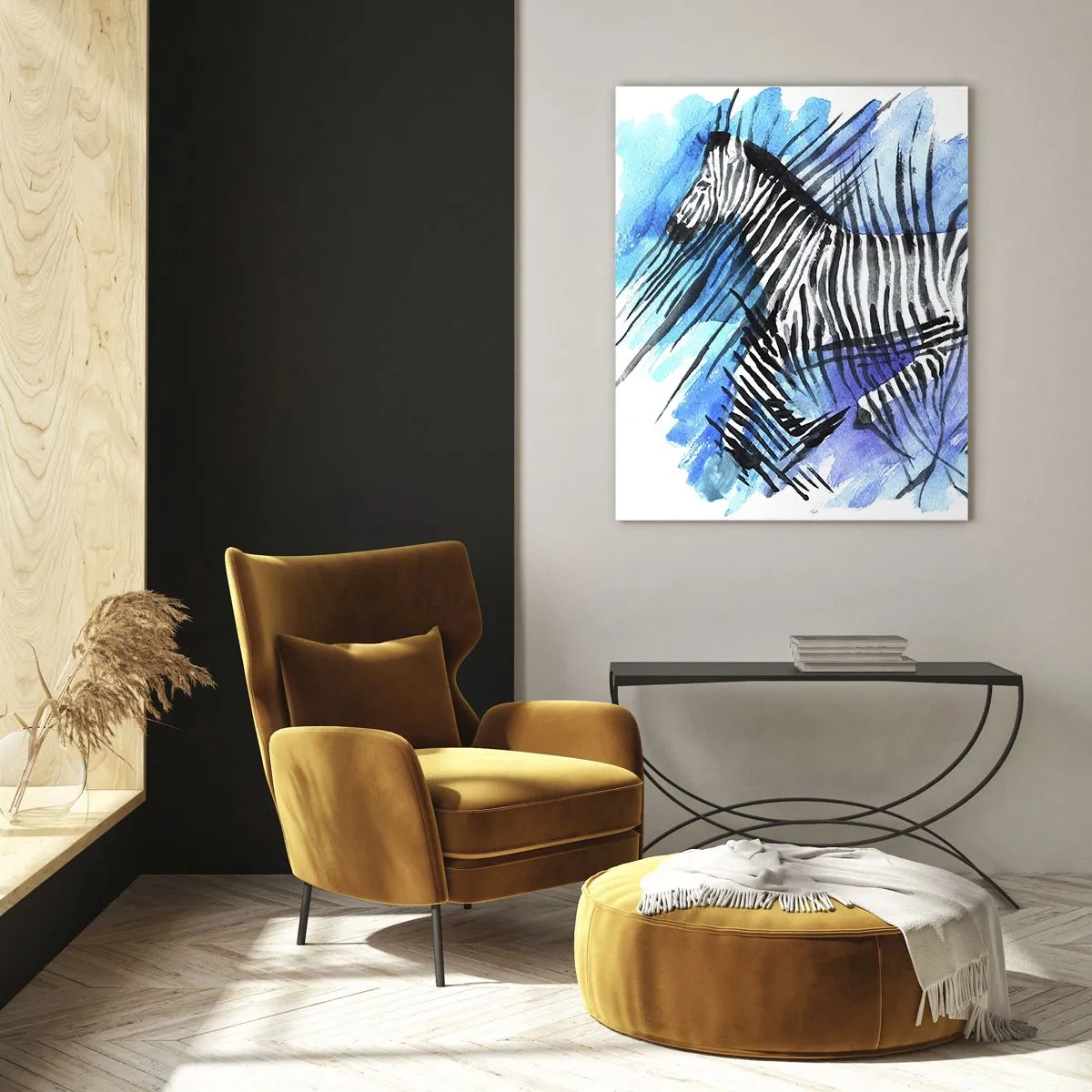 Impression sur verre - Image sur verre - Illustration à l'aquarelle d'un zèbre contre un ciel bleu - 70x100cm - Caché dans les rayures - Décoration murale moderne pour le salon et la chambre ARTTOR