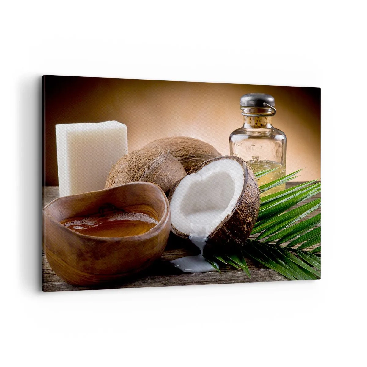 Impression sur toile - Image sur toile - Noix de coco, bougie et huile sur fond de bois - 100x70cm - Santé des îles tropicales - Décoration murale moderne pour le salon et la chambre ARTTOR