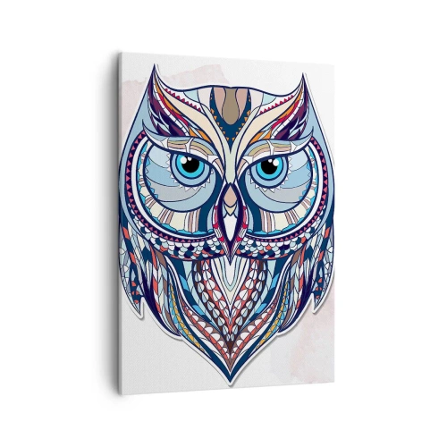 Impression sur toile - Image sur toile - Chouette géométrique dans les tons bleu et beige - 50x70cm - Chouette ornementale élaborée - Décoration murale moderne pour le salon et la chambre ARTTOR