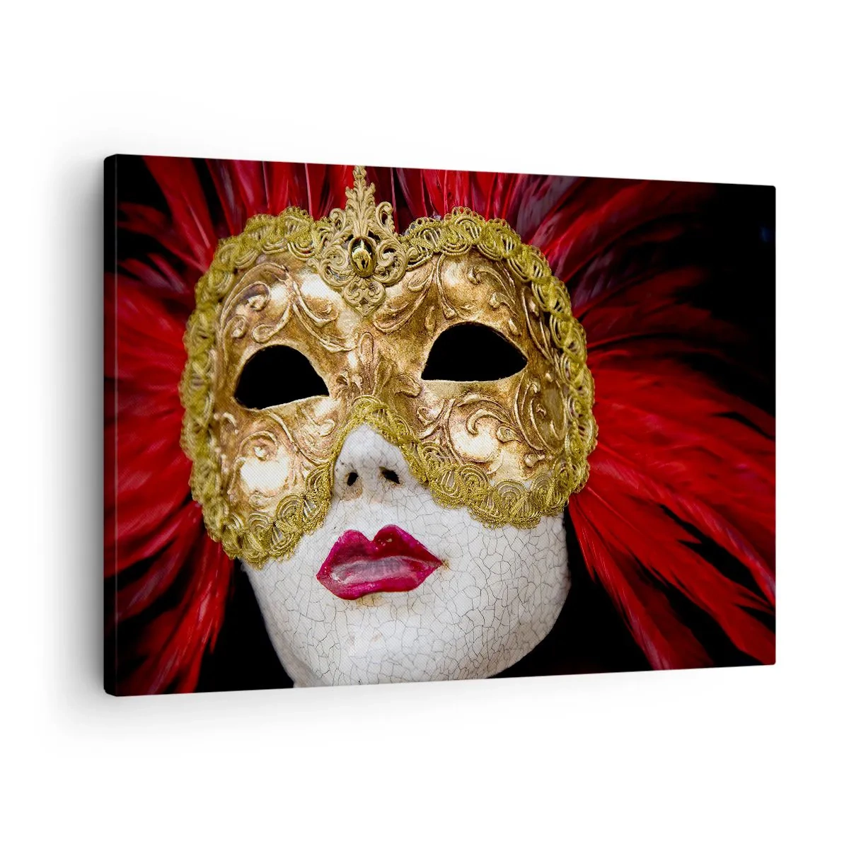 Impression sur toile - Image sur toile - Masque vénitien doré avec plumes rouges - 70x50cm - La promesse d'une aventure carnavalesque - Décoration murale moderne pour le salon et la chambre ARTTOR