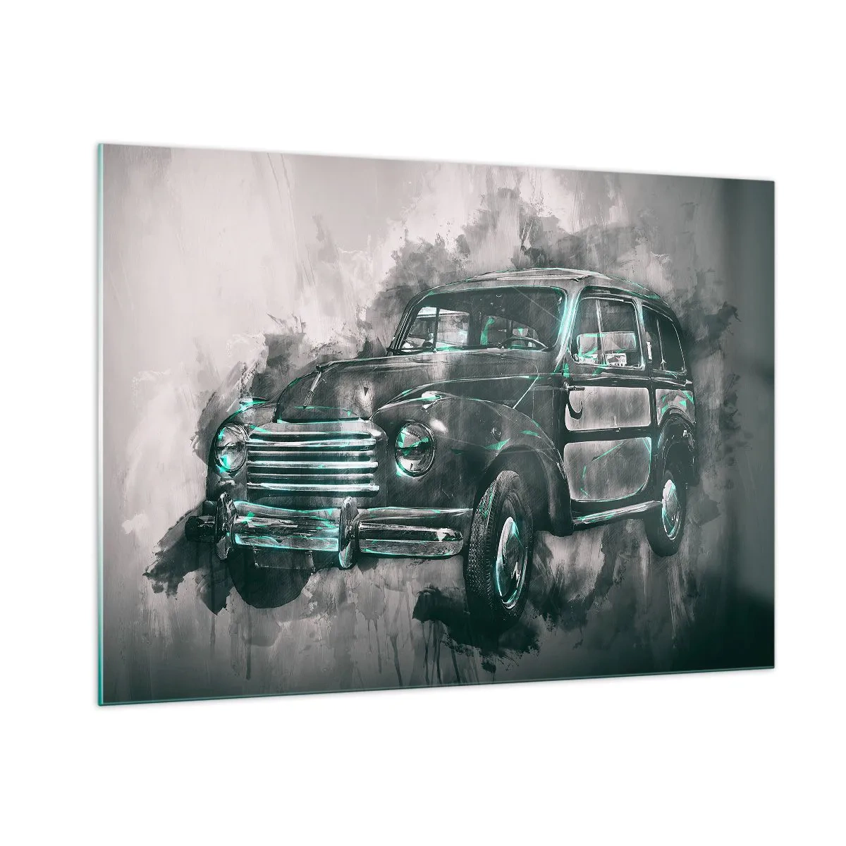 Impression sur verre - Image sur verre - Une vieille voiture aux tons gris et turquoise - 100x70cm - Ancêtre respecté - Décoration murale moderne pour le salon et la chambre ARTTOR