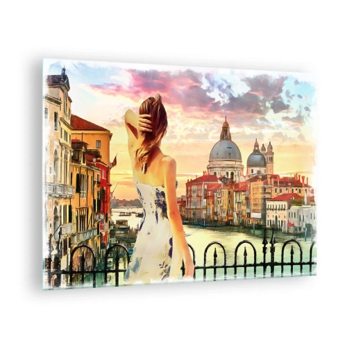 Impression sur verre - Image sur verre - Une femme admire la vue de Venise au coucher du soleil. - 70x50cm - Pour une aventure c'est uniquement dans ... - Décoration murale moderne pour le salon et la chambre ARTTOR