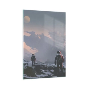 Impression sur verre - Image sur verre - Des astronautes sur une planète extraterrestre avec une épave de vaisseau spatial - 70x100cm - Sous une étoile inconnue - Décoration murale moderne pour le salon et la chambre ARTTOR