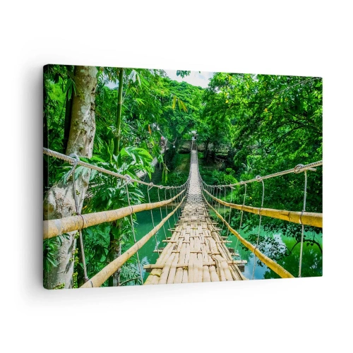 Impression sur toile - Image sur toile - Un pont suspendu en bambou entouré de verdure - 70x50cm - Pont de singe en pleine nature - Décoration murale moderne pour le salon et la chambre ARTTOR