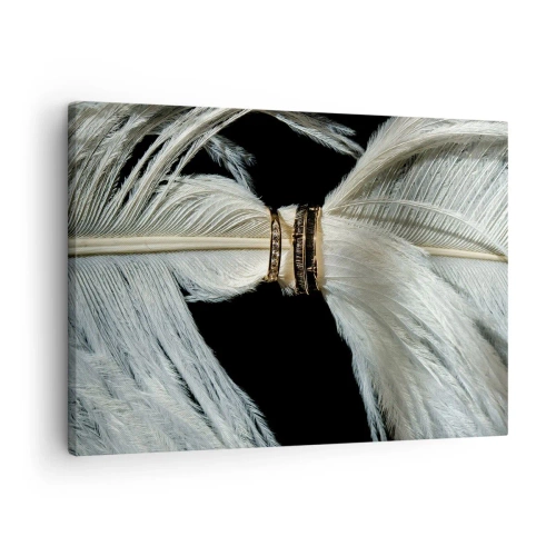 Impression sur toile - Image sur toile - Une plume blanche avec deux anneaux d'or sur fond noir - 70x50cm - ... et je ne te laisserai pas ... - Décoration murale moderne pour le salon et la chambre ARTTOR