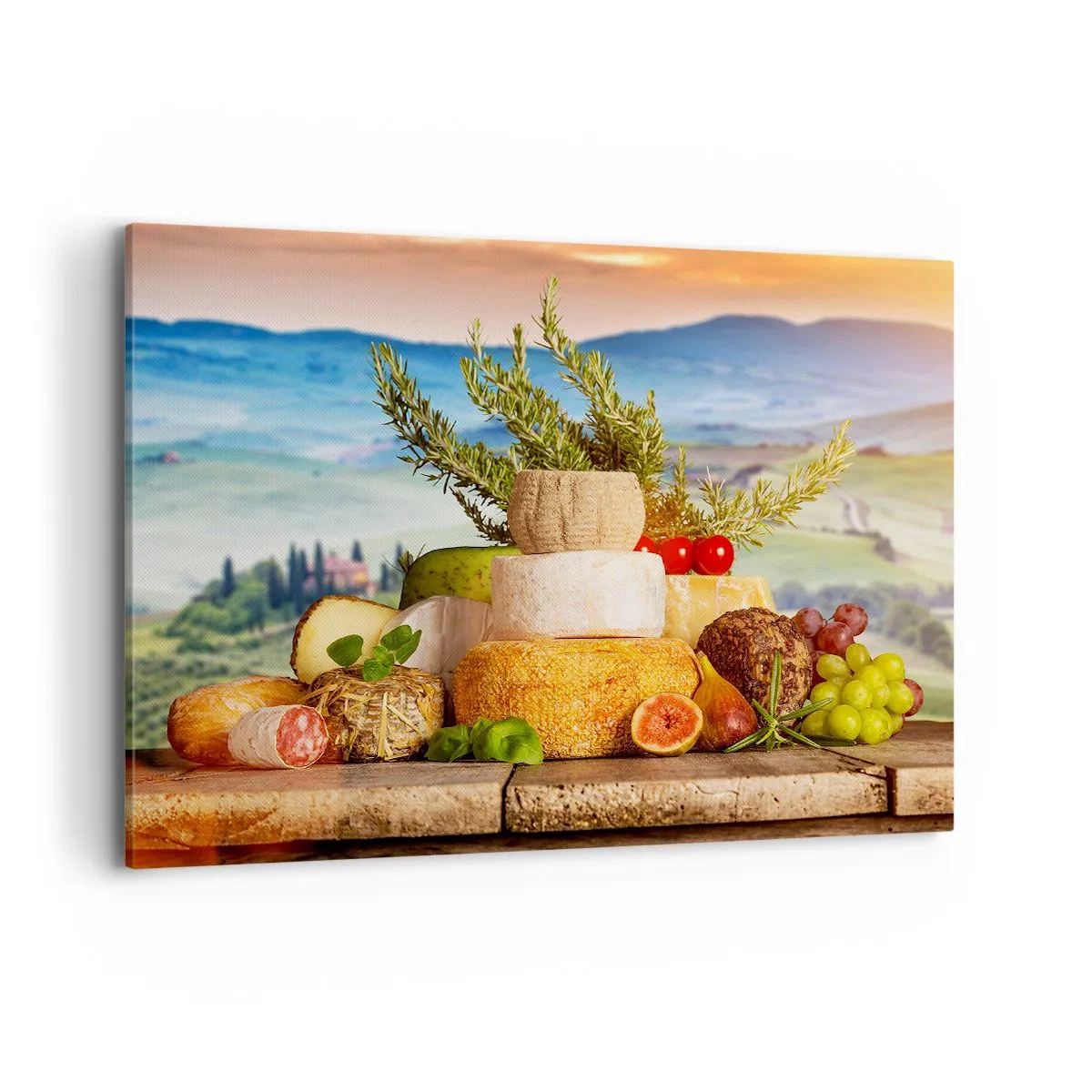 Impression sur toile - Image sur toile - Une composition de fromages et de fruits sur fond de paysage toscan - 100x70cm - La joie de vivre à l'italienne - Décoration murale moderne pour le salon et la chambre ARTTOR