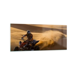 Impression sur verre - Image sur verre - Un motocycliste sur un quad traversant à toute vitesse les dunes de sable du désert - 120x50cm - Sur les vagues de sable - Décoration murale moderne pour le salon et la chambre ARTTOR