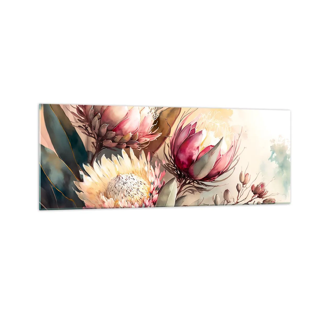Impression sur verre - Image sur verre - Fleurs de Protea aux tons pastel délicats - 140x50cm - De profil et de face - Décoration murale moderne pour le salon et la chambre ARTTOR