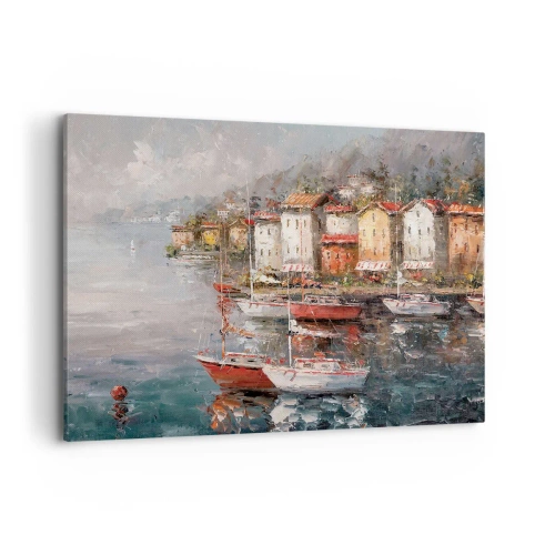 Impression sur toile - Image sur toile - Paysage de bord de mer avec des bateaux et des maisons colorées - 100x70cm - Havre romantique - Décoration murale moderne pour le salon et la chambre ARTTOR