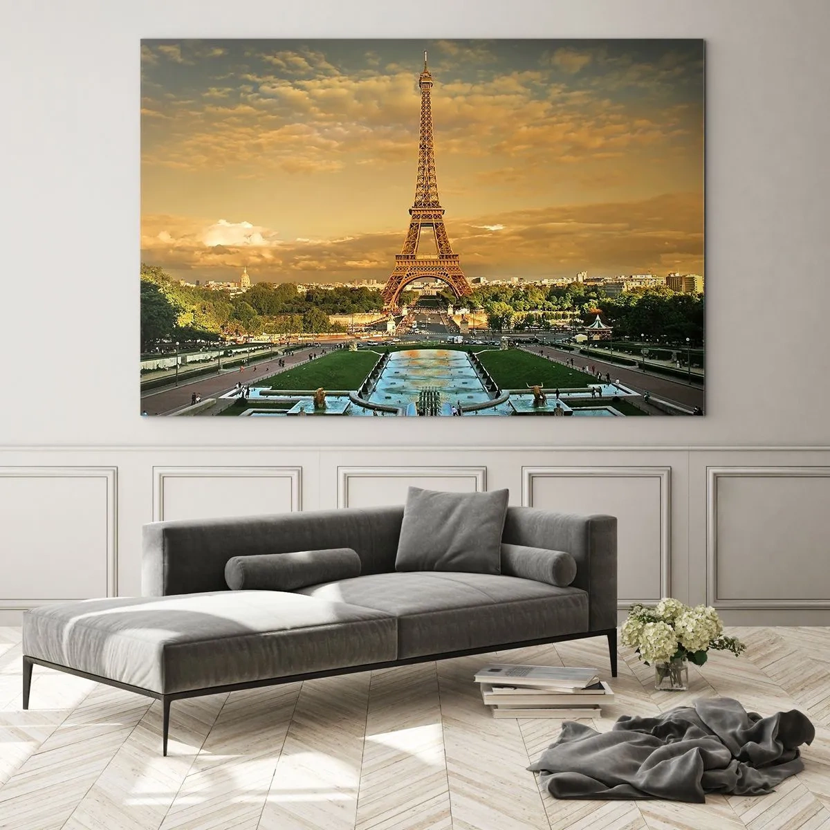 Impression sur verre - Image sur verre - La Tour Eiffel entourée de jardins parisiens au coucher du soleil - 70x50cm - La reine de Paris - Décoration murale moderne pour le salon et la chambre ARTTOR
